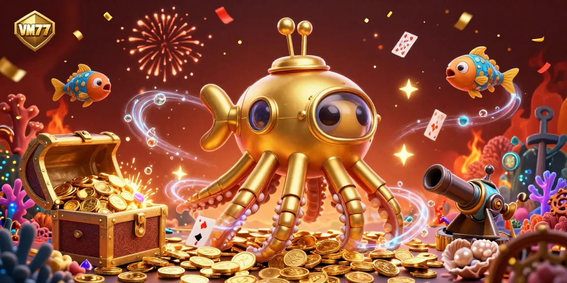 Experience the thrill of VM777 with a golden kraken submarine amidst treasures and gaming elements.