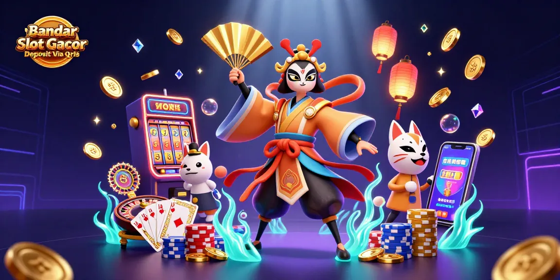 Win big at Bandar Slot Gacor Deposit Via Qris with vibrant 3D casino illustration showcasing dynamic gameplay.