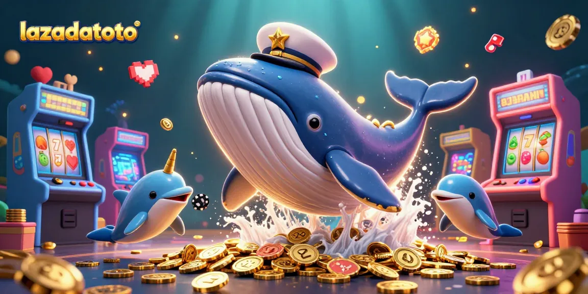 Memperbesar kemenangan dengan lazadatoto, ikan paus mengangkat koin emas sambil dikelilingi mesin permainan 3D.