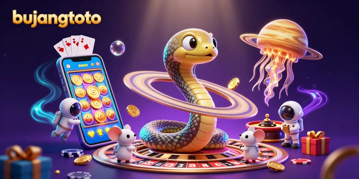 Bujangtoto menghadirkan suasana seru dengan permainan slot, taruhan di roda roulette, dan karakter menarik di latar belakang kosmik yang memukau.
