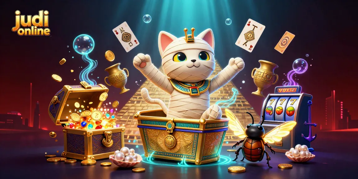 Engage in judi online action with vibrant Egyptian casino characters surrounded by treasures.