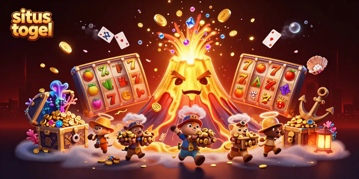 Engage with situs togel as a triumphant volcano erupts treasures in this vibrant 3D casino scene.
