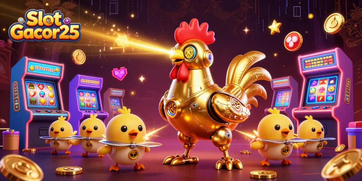 Slot Gacor25 memberikan kesenangan bermain dengan karakter robot ayam emas di tengah permainan jackpot menyala.