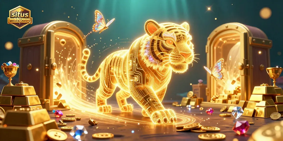 Situated in a vibrant digital landscape, situs mahjong showcases a majestic golden tiger amidst scattered jewels and treasure