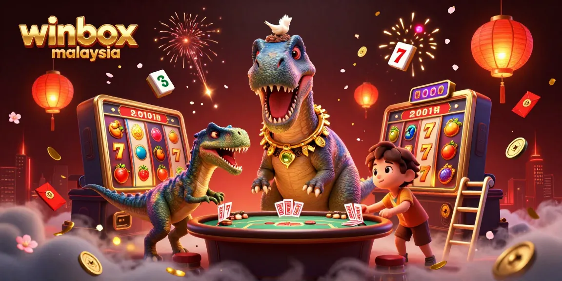 Experience excitement at winbox malaysia with a joyful card-dealing raptor and towering brontosaurus in a vibrant casino scene.