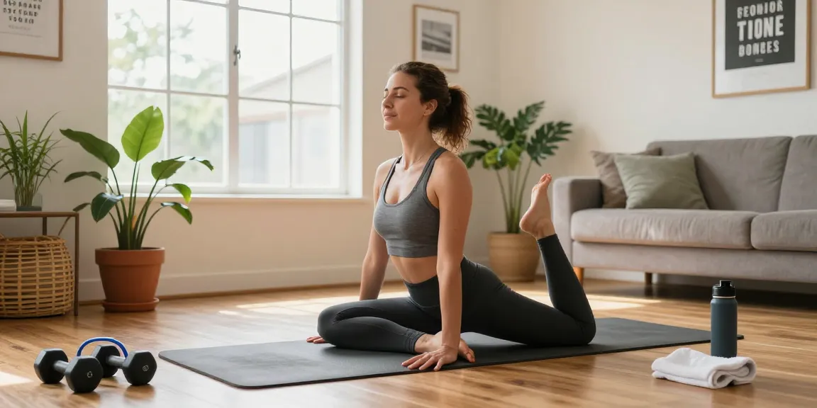 Dynamic yoga practice with rokok88 inspiration in a bright living room, showcasing fitness equipment and motivational decor.