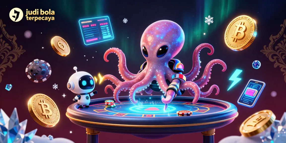 Experience judi bola terpercaya with a playful alien octopus at a holographic poker table surrounded by glowing crypto coins.