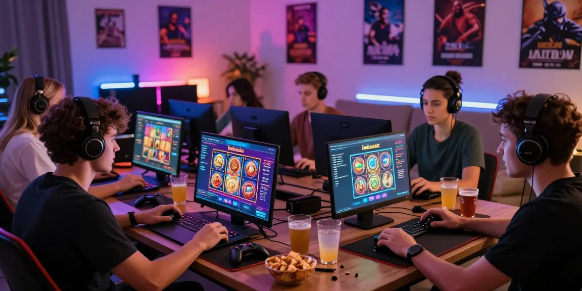 IMBASLOT platform gaming scene dengan para pemain bersemangat menikmati permainan slot online di ruang tamu yang nyaman.