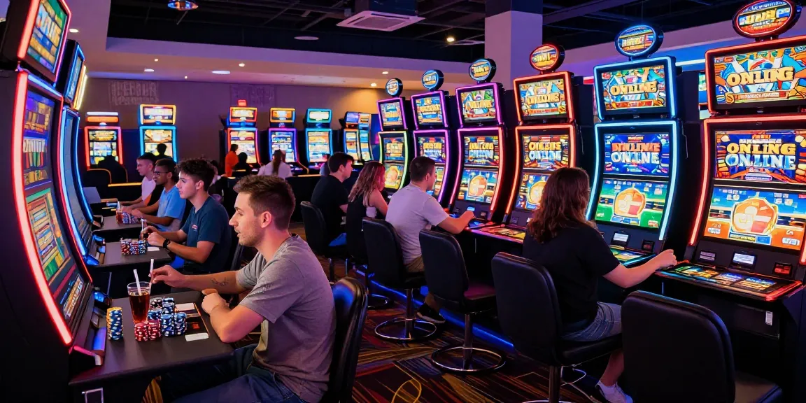 Slot online gaming experience with players enjoying vibrant machines in a lively casino.