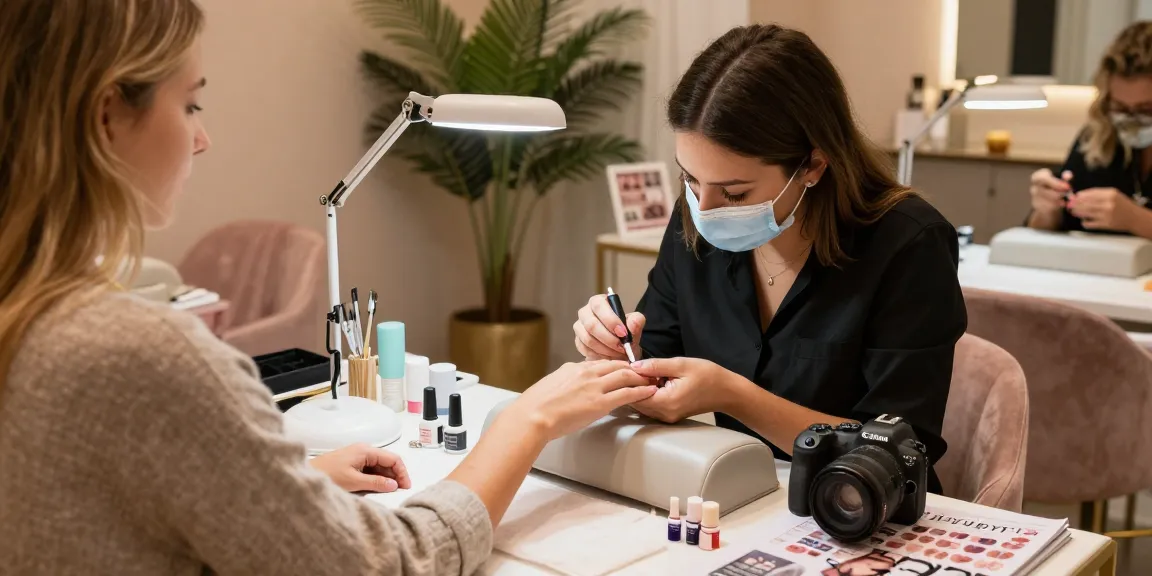 Teknisi kuku menggunakan produk LUXURY 12 untuk merawat kuku pelanggan di salon yang mewah.