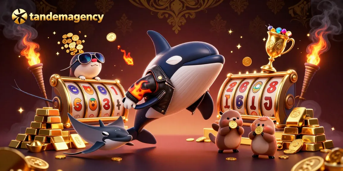 Tandemagency showcases a lively casino scene with characters enjoying games and golden treasures.