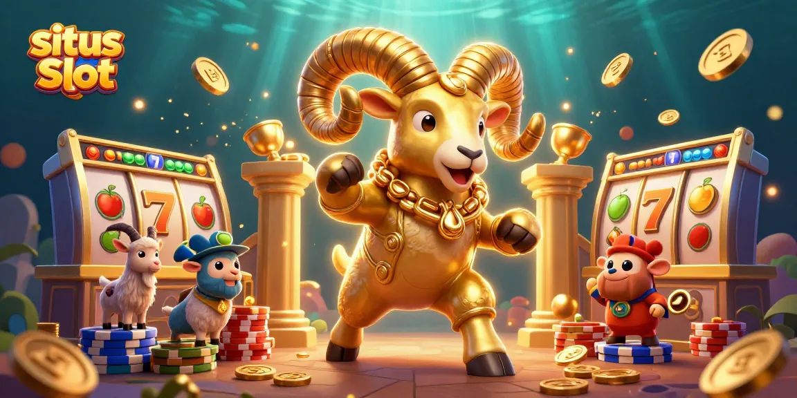 Experience thrilling moments with the situs Slot, showcasing vibrant 3D slot reels and a golden ram symbolizing luck.