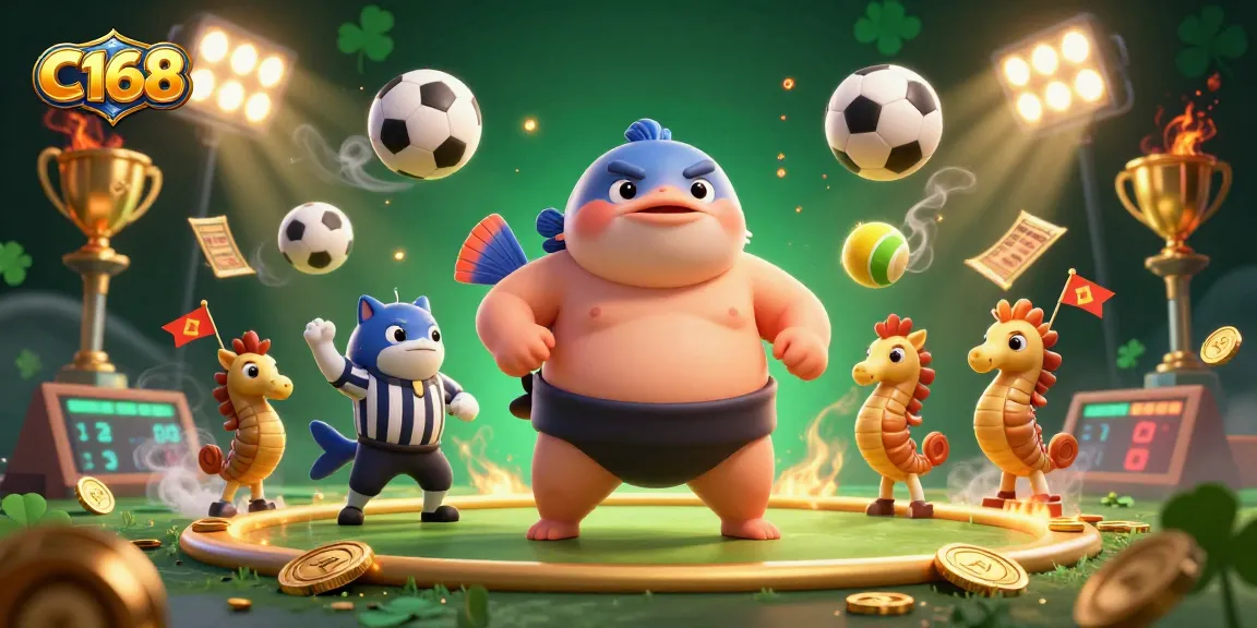 C168 shows a lively underwater casino scene with a puffed-up fugu and catfish referee, celebrating with sports elements.
