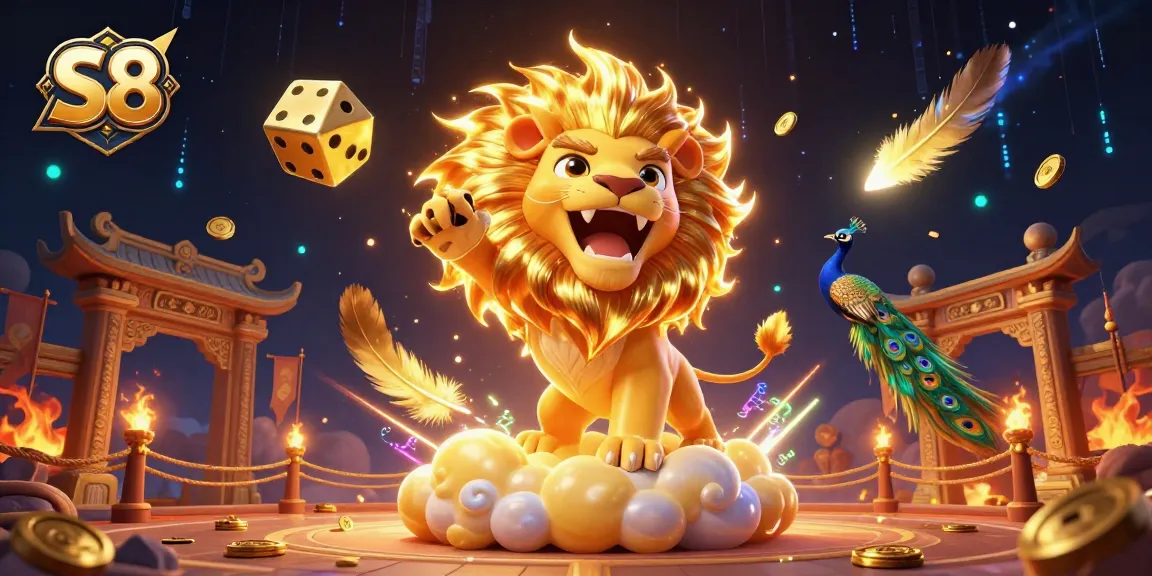 S8 spells out exhilarating wins with a lion roaring, golden dice, and vibrant casino elements
